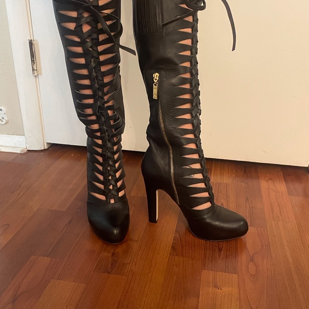 Black Cut Out Lace-Up leather Knee-High Boots